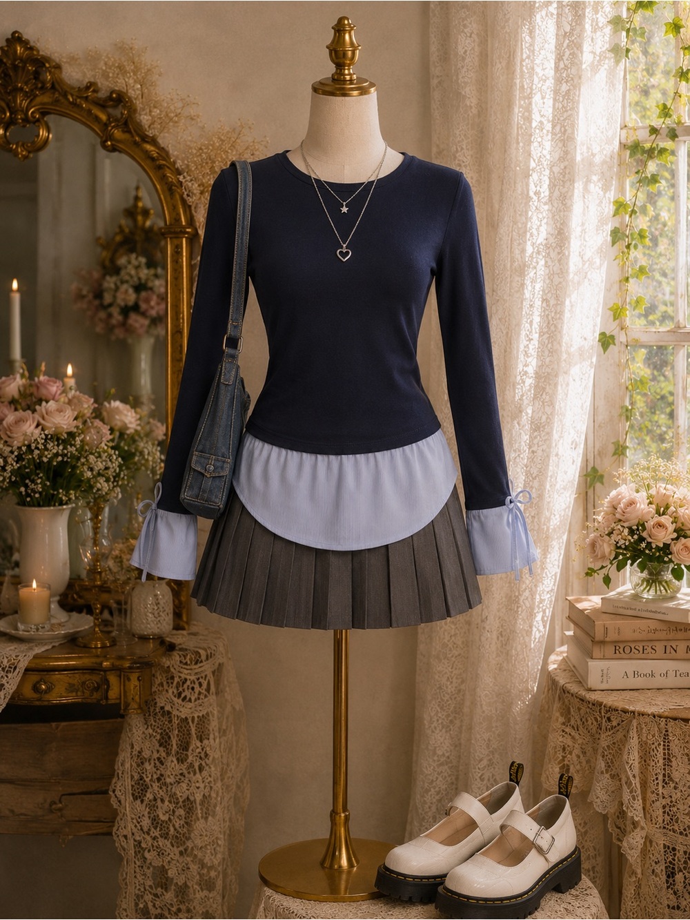 Cute Navy Layered Look Tie Sleeve Top Boutique Style Casual Chic Size XS